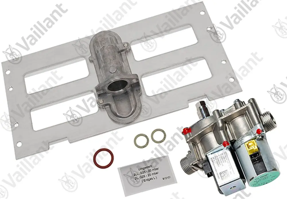Vaillant Umstellsatz mit einem Metallgehäuse, Plattenanordnung und zwei Anschlussventilen, Zubehörteilen und Dichtungen für Gasgeräte.